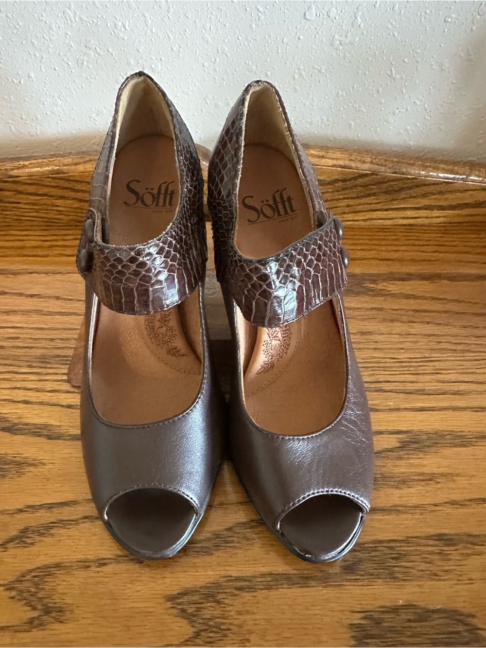 Söfft Brown Peep-Toe Mary Jane Heels with Textured Strap